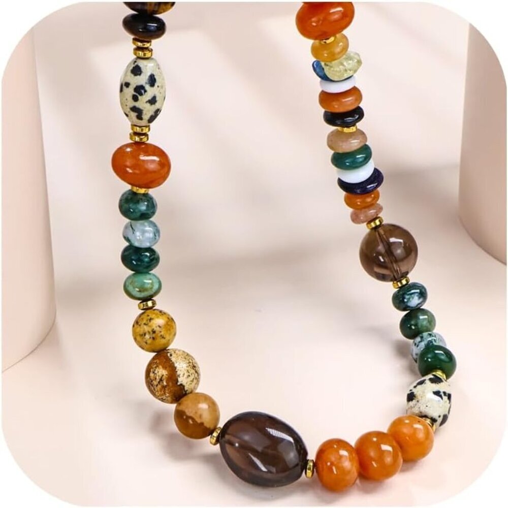 Colorful Gemstone Beaded Choker Necklace Handmade Earth Tones Jewelry